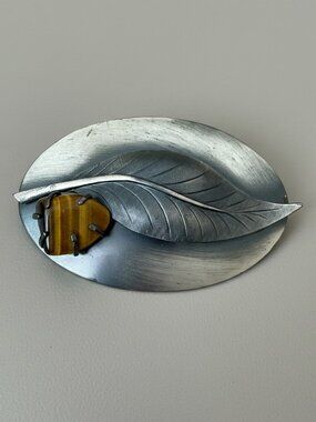 Vintage Antiqued Silver Leaf Brooch with Tiger Eye Stone